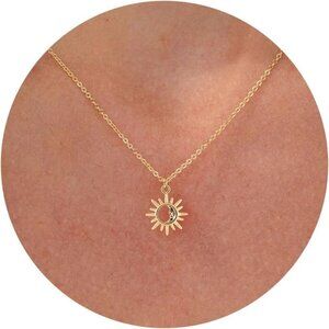 Dainty 14K Gold Plated Sun and Moon Necklace with Adjustable Chain for Women